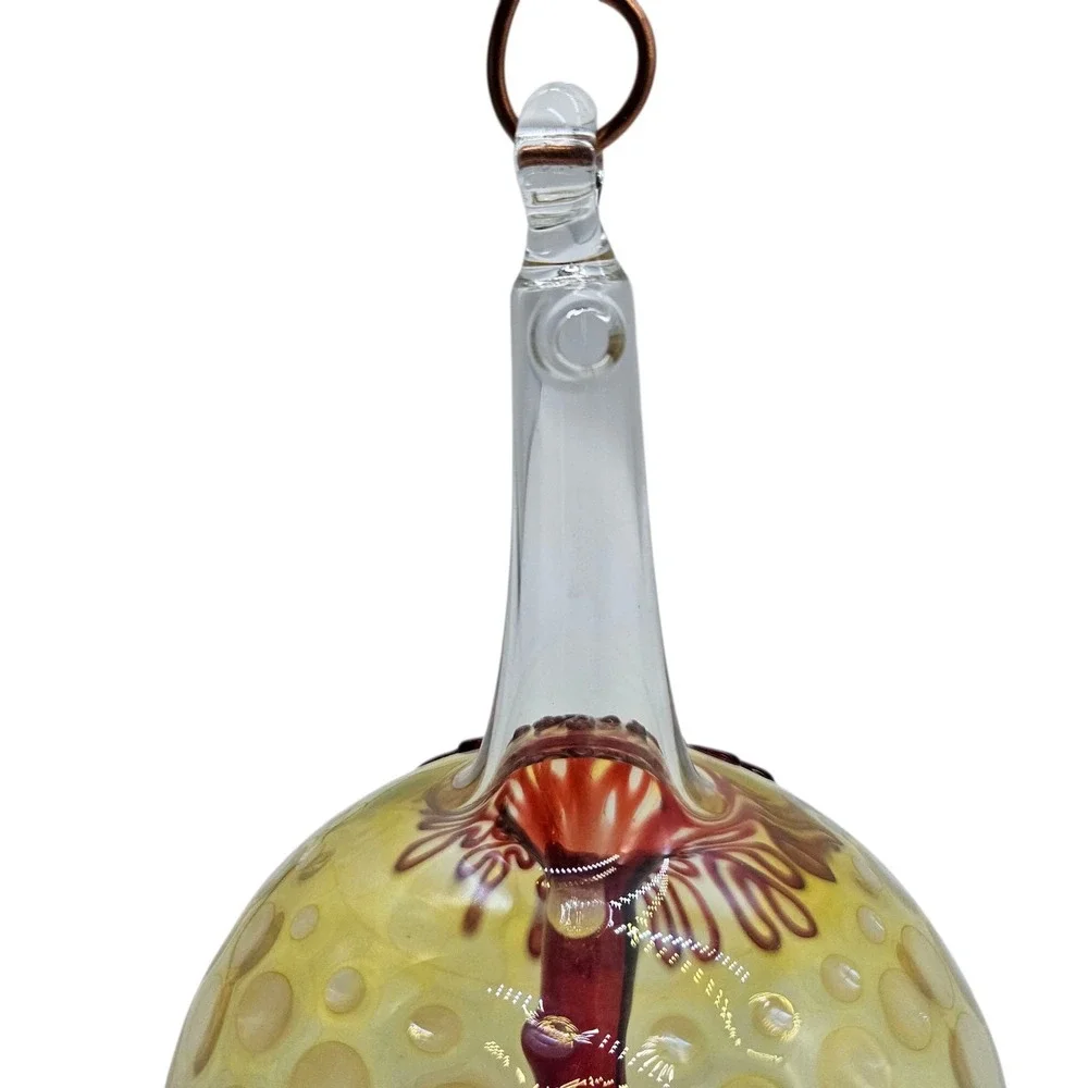 Handblown Glass Orb Ball Hummingbird Feeder Hanging Red Flower Indents Large